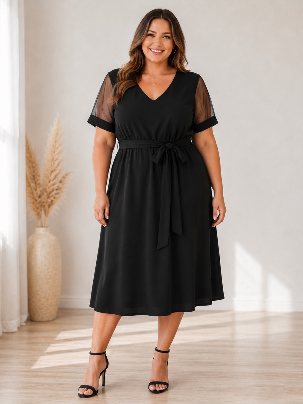 BloomChic Black V-Neck Tie-Waist Midi Dress